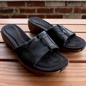 Merrell Womens Black Air Cushion Cork Wedge Slide Sandals Thong Strap Casual 9
